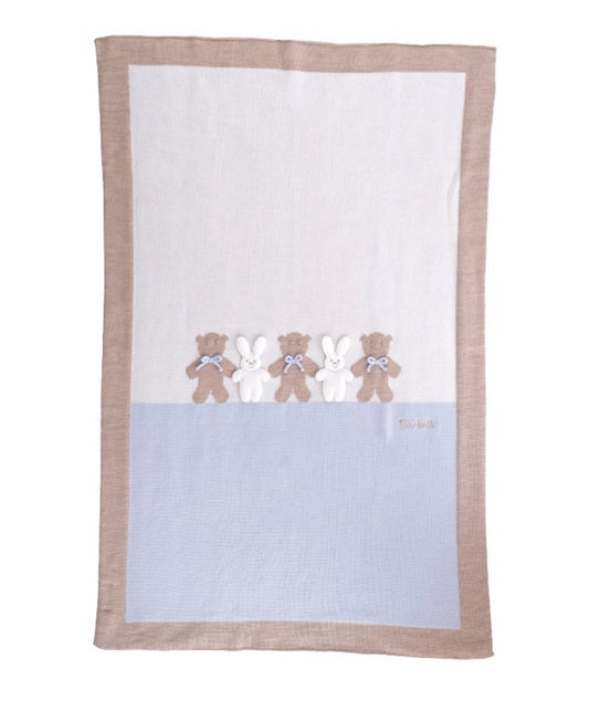 PRE ORDER - Bimbalo knitted beige & blue teddy and bunny blanket