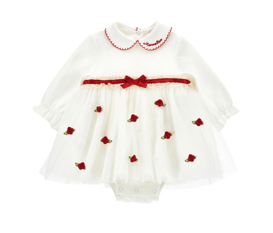 PRE ORDER - Monnalisa white & red rosebud tulle romper