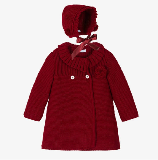 Foque girls burgundy knitted coat and Bonnet set