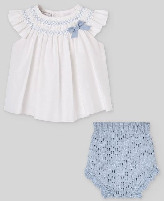 Paz pale blue & white smocked blouse and pant set