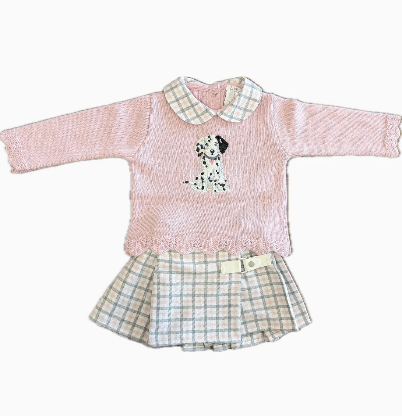 PRE ORDER - Deolinda pink & grey Dalmatian jumper & kilt set