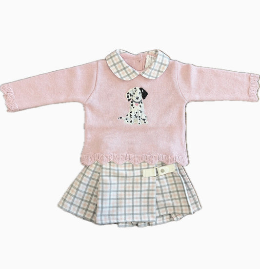 PRE ORDER - Deolinda pink & grey Dalmatian jumper & kilt set