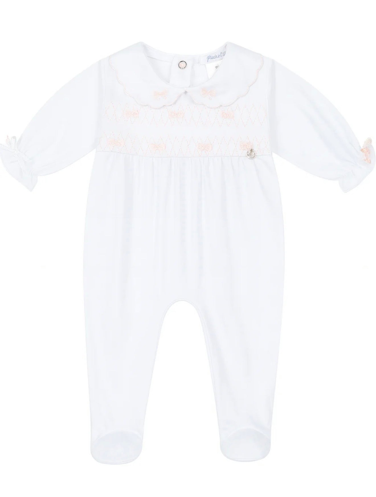 Deolinda white & pink bow smocked babygrow