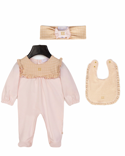 PRE ORDER - Escada pink & gold frilled babygrow 3 piece set