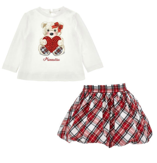 Monnalisa Teddy and tartan skirt set