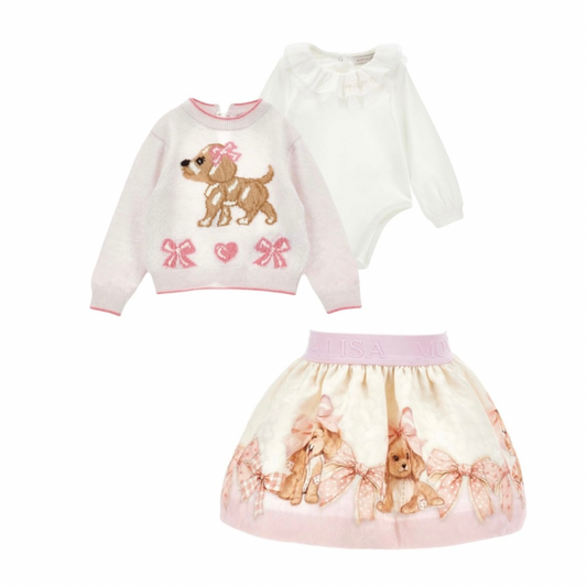 monnalisa pink bow puppy jumper, body & skirt set
