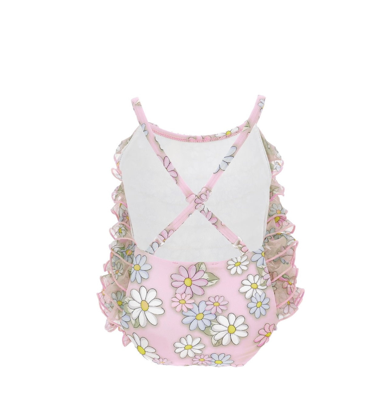 PRE ORDER - Monnalisa pink daisy print tulle frilled swimsuit