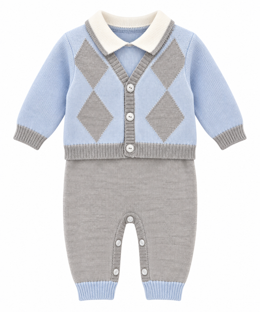 Bimbalo grey & blue knitted diamond babygrow