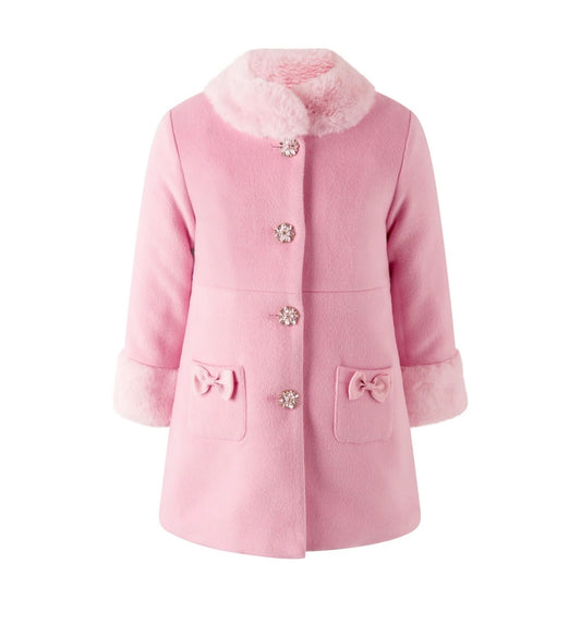 Rachel Riley pink sparkle button Faux fur dress coat